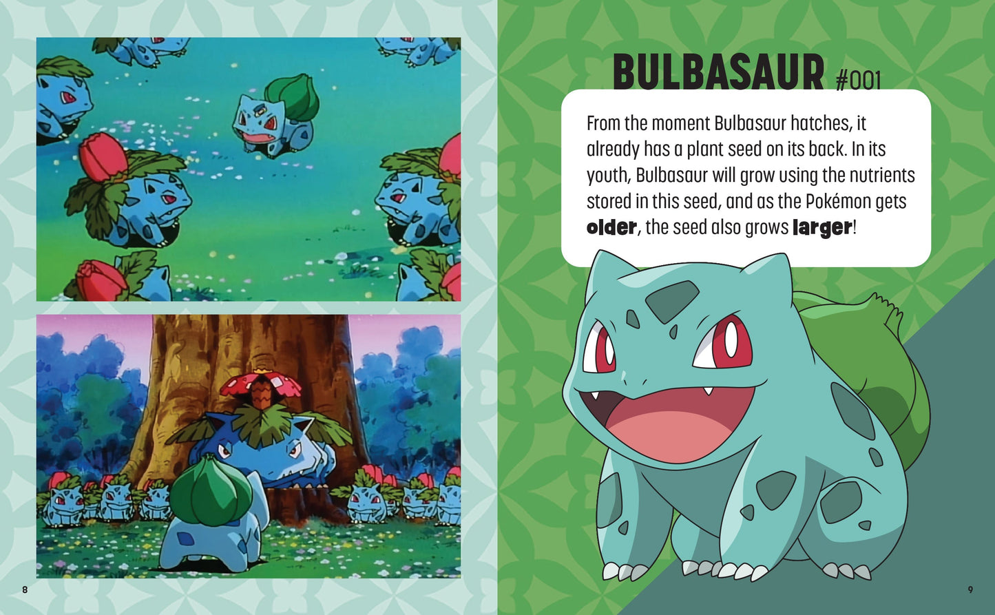 Pokémon Bulbasaur illustration with educational text on a green background