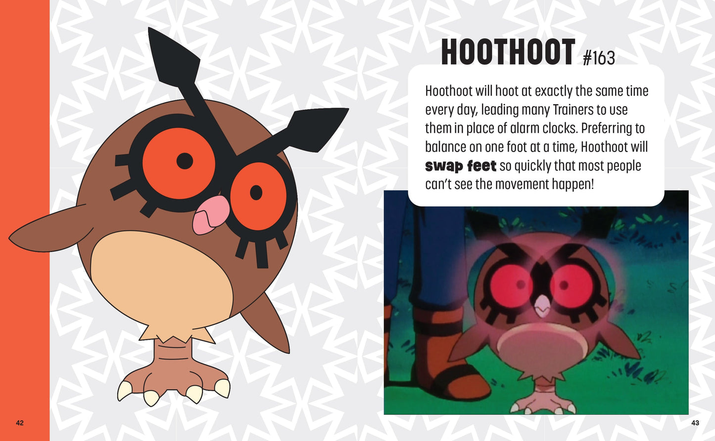 Illustration of a cartoon owl character with text about Hoothoot from a Pokémon guidebook.