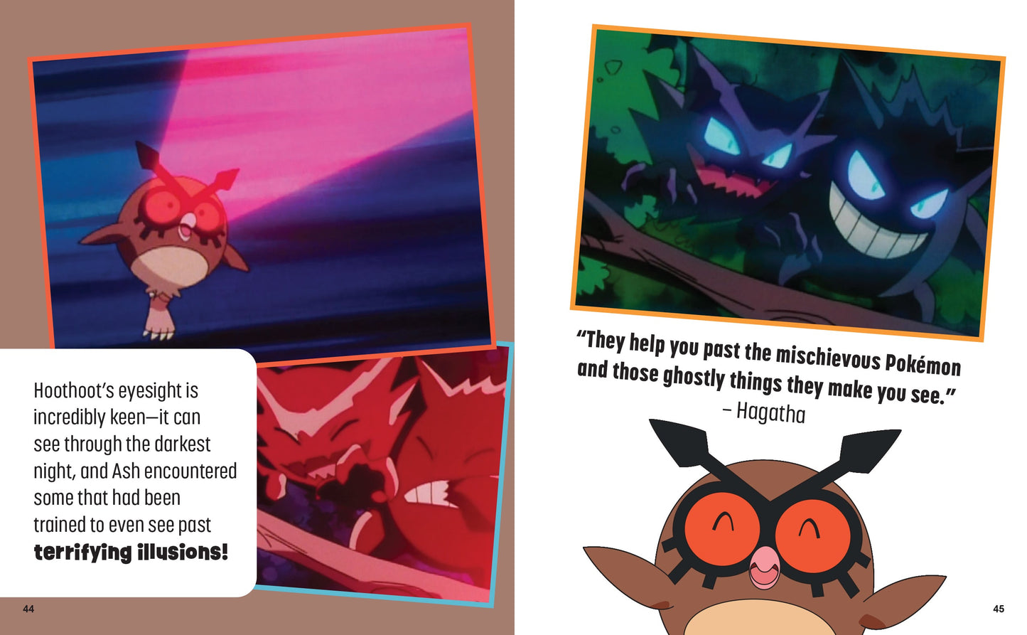 Illustrations of Pokémon characters with text about Hoothoot's abilities.