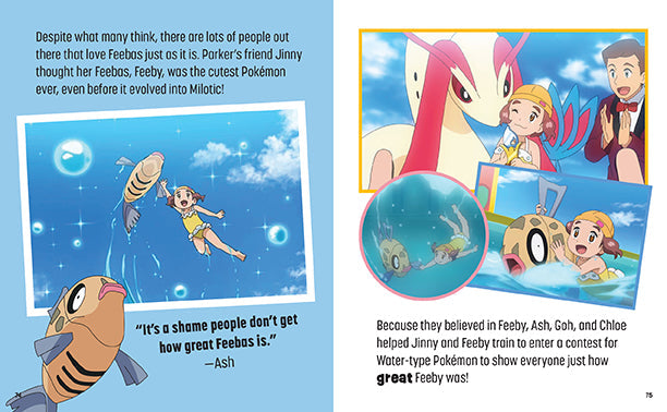 Comic book page with cartoon characters and text about Feebi, a Pokémon.