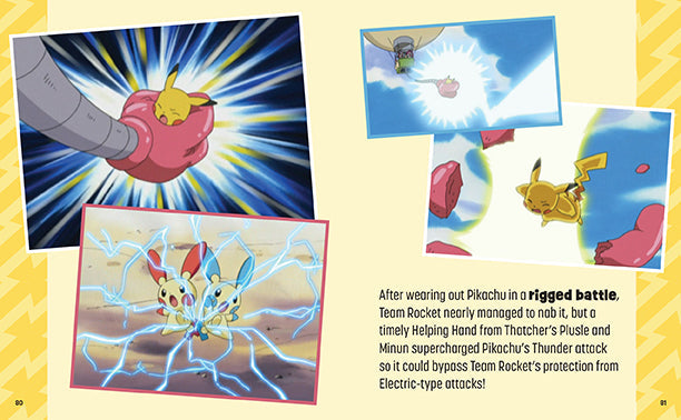 Illustrations of Pokémon in action with text on a yellow background