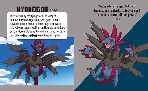 Pokémon Hydreigon with descriptive text on a split background