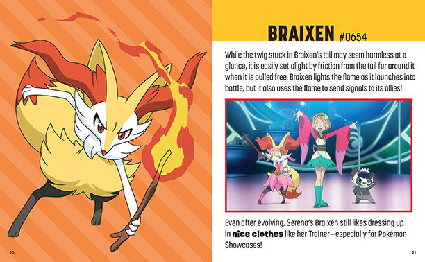 Pokémon Braixen illustration with character and information text on an orange and yellow background