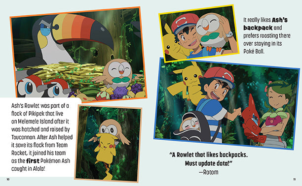 Illustrations of Pokémon characters and scenes from a Pokémon book.