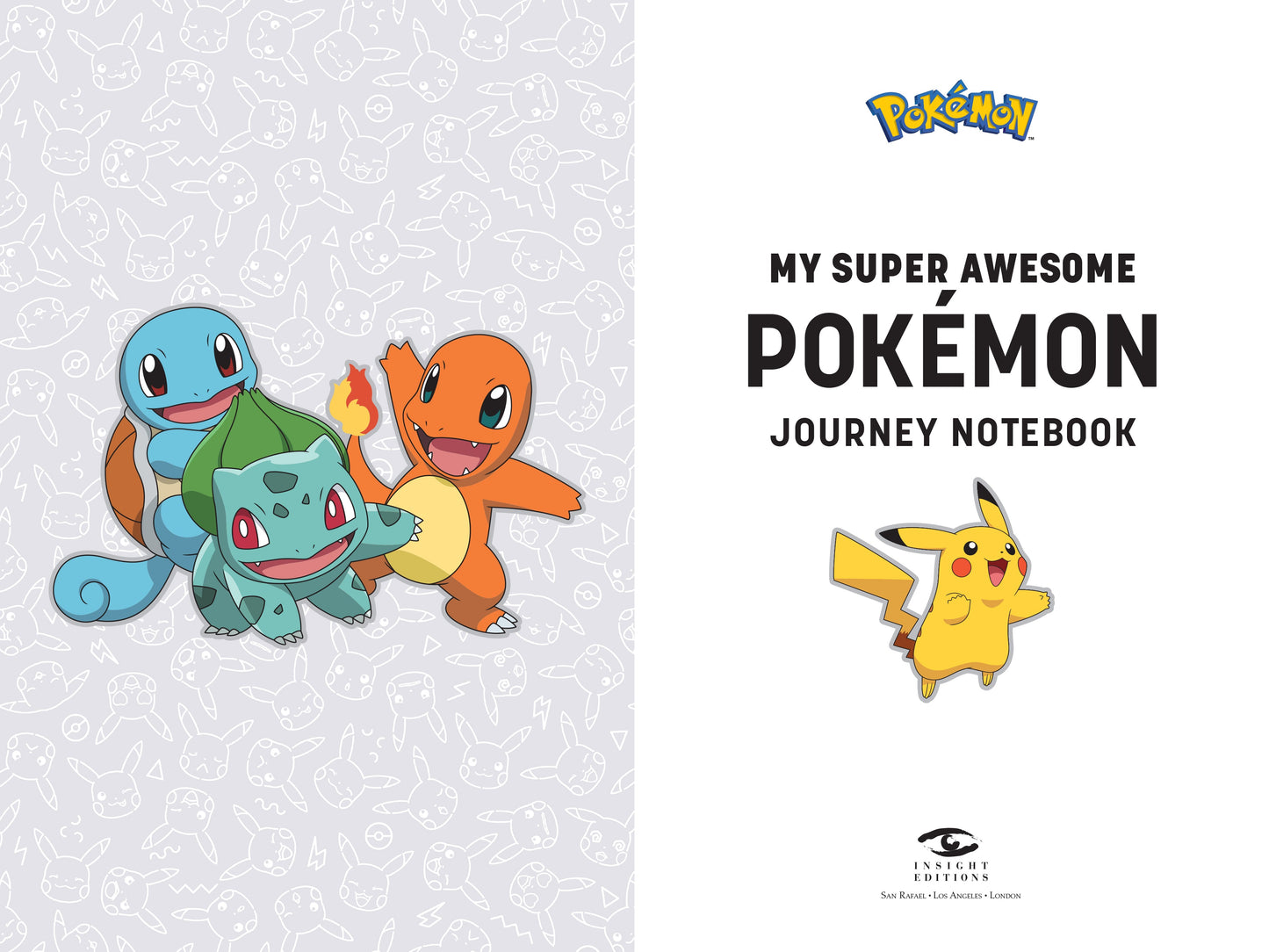 Pokémon-themed notebook cover with characters and text on a light gray background