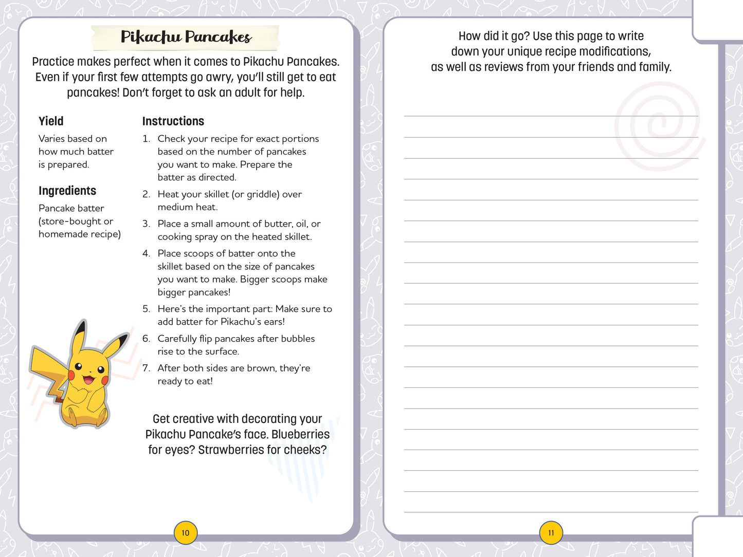 Recipe card for Pikachu Pancakes with instructions and space for reviews.