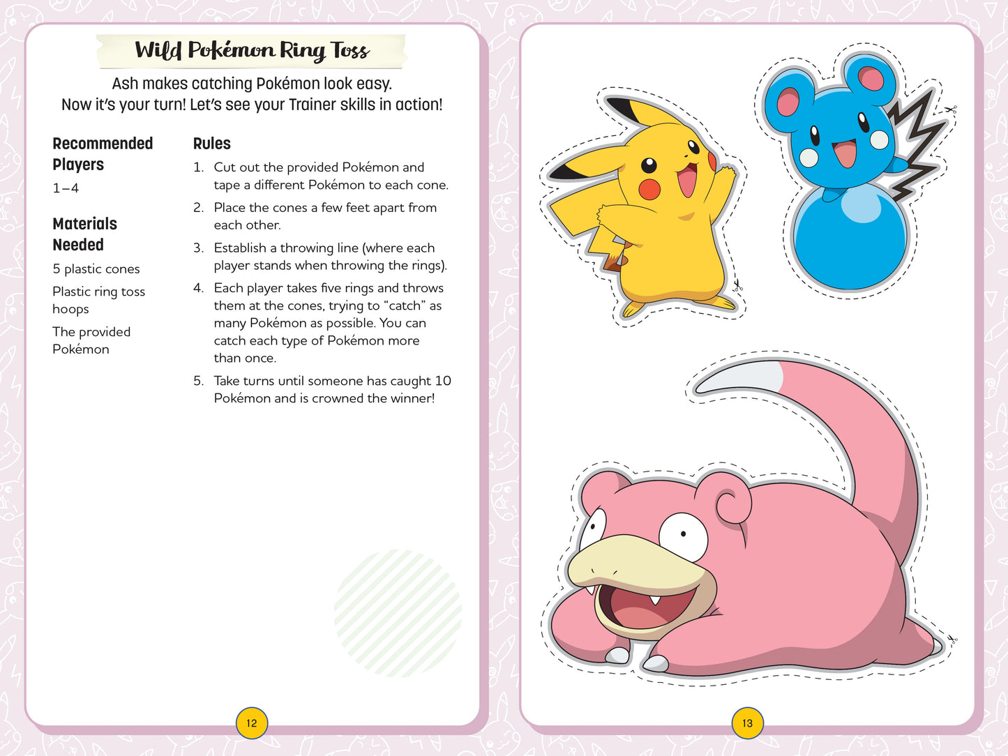 Pokémon-themed game instructions with illustrations of Pokémon characters on a pink background.