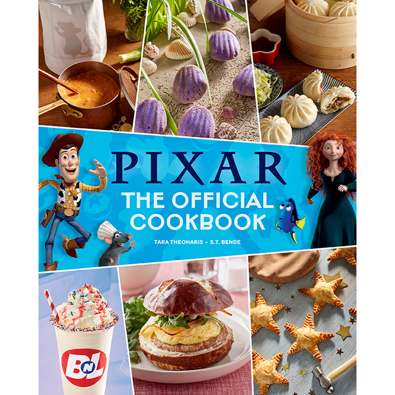 Collage of food images with Pixar characters and 'The Official Pixar Cookbook' text.