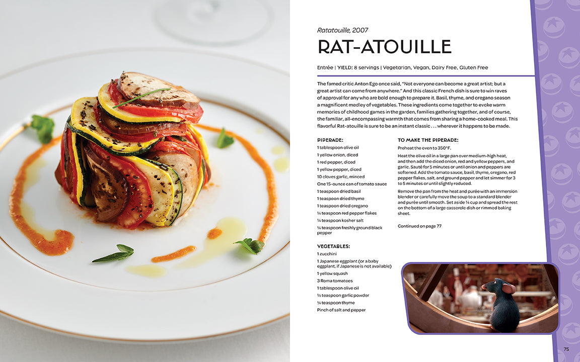 Gourmet dish of Rat-Atouille on a white plate with a recipe card on the right.