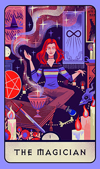 Illustration of 'The Magician' tarot card with a person with red hair and a colorful background.