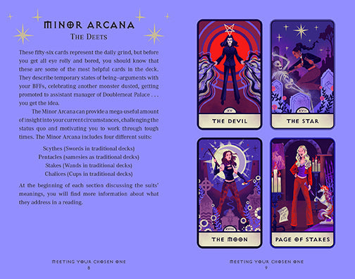 Tarot cards with illustrations of 'The Devil', 'The Star', 'The Moon', and 'Page of Stakes' on a purple background.