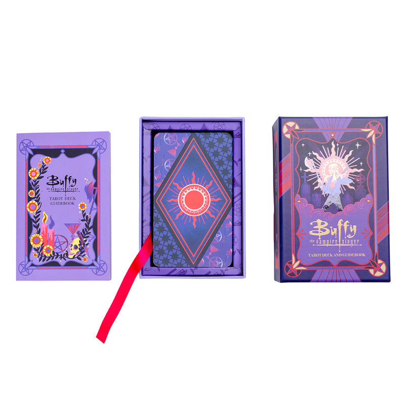 Three 'Buffy the Vampire Slayer' tarot decks with decorative covers on a white background.