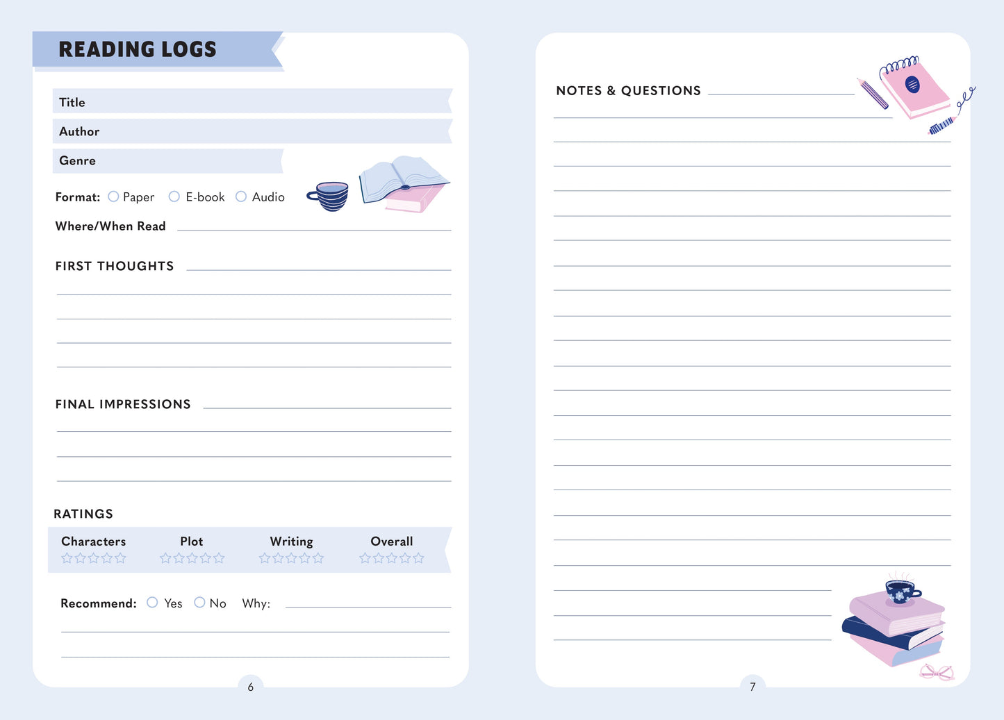 Reading log template with various sections for recording reading details on a light blue background.