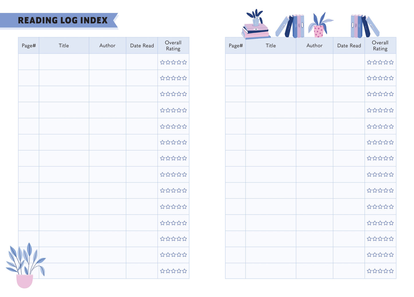 Reading log index sheet with columns for page number, title, author, date read, and overall rating.