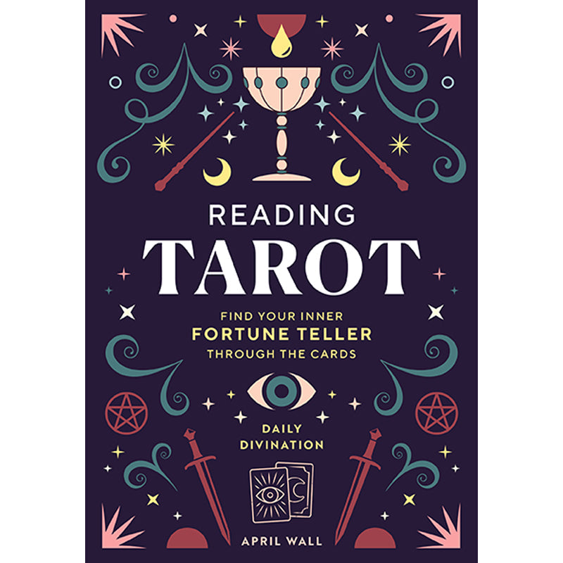 Book cover of 'Reading Tarot' with tarot card symbols and design elements on a dark background.