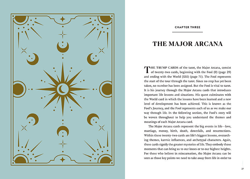 Book page with decorative border and text about 'The Major Arcana' on a light blue background