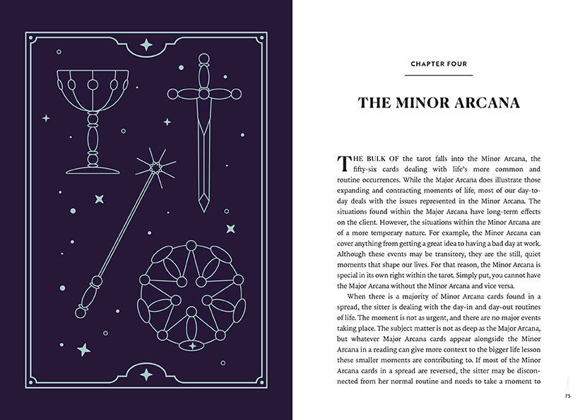 Book page with illustrations of tarot cards and text on a dark blue background