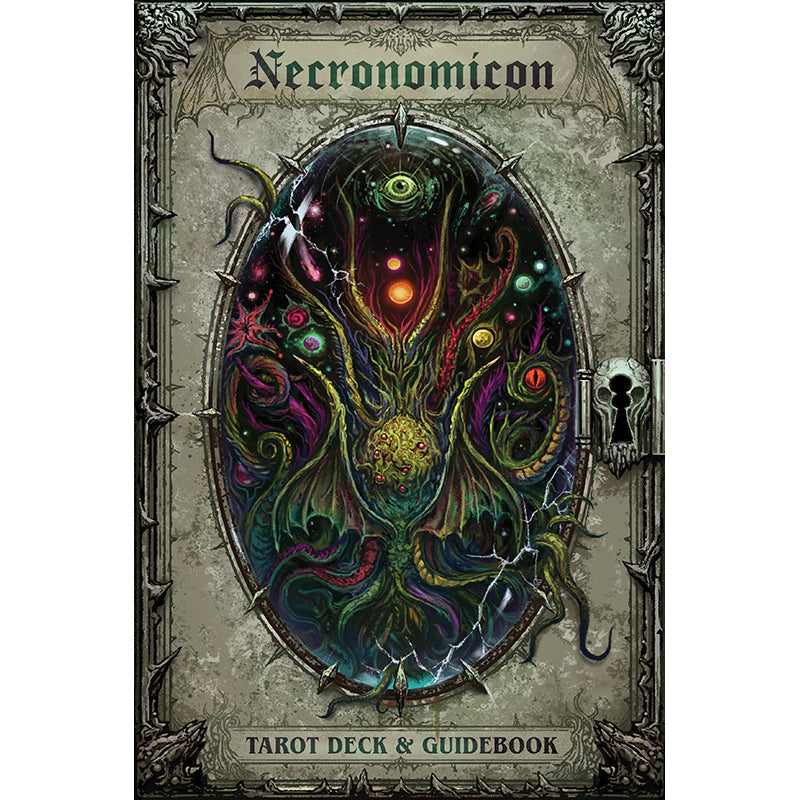 Cover of 'Necronomicon' tarot deck and guidebook with intricate design and text.