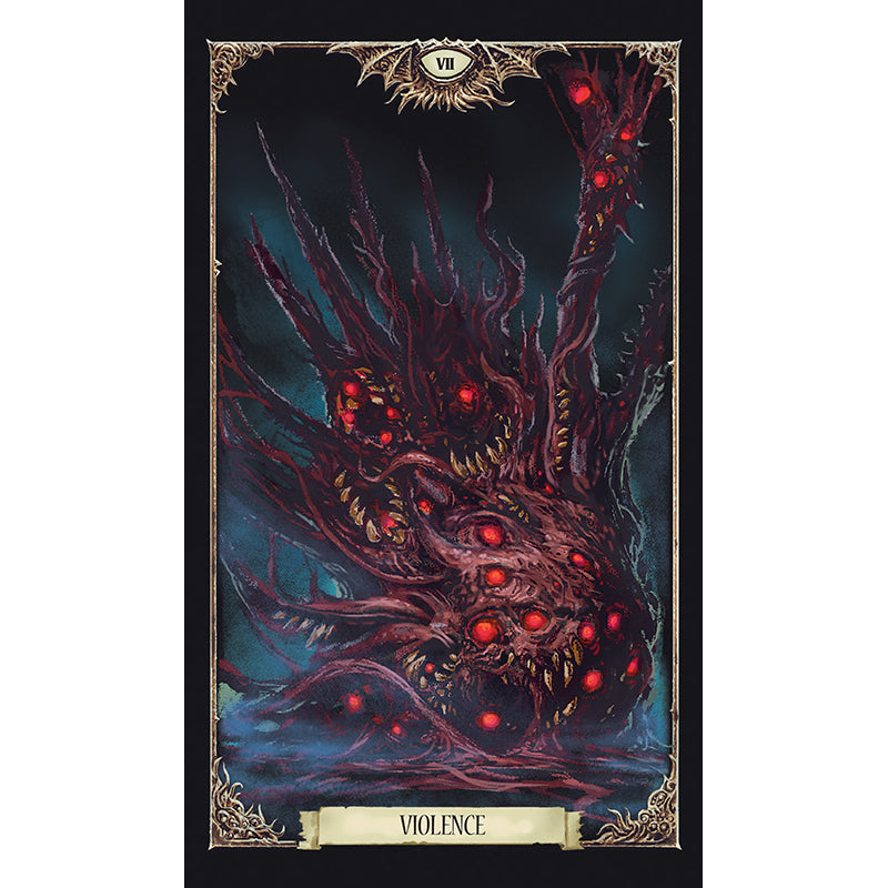 Artistic depiction of a monstrous creature with glowing red eyes on a dark background, labeled 'Violence'.