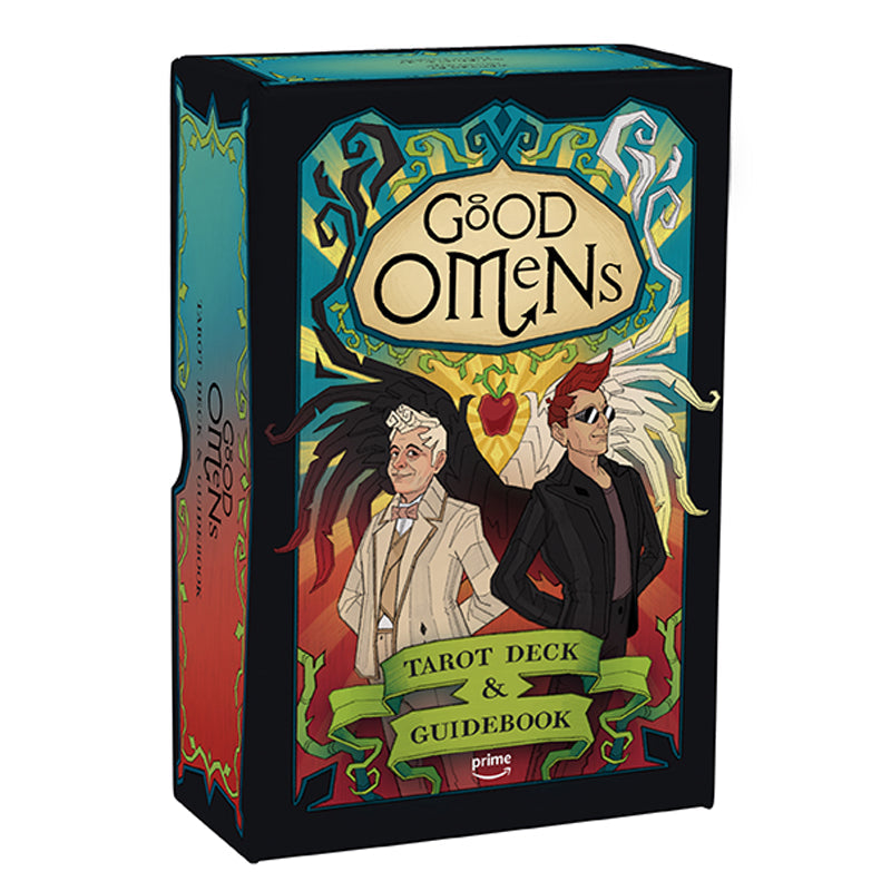 Good Omens tarot deck and guidebook packaging with colorful design and characters.