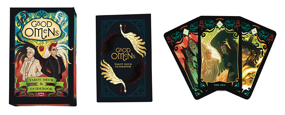 Good Omens tarot deck packaging with cards displayed
