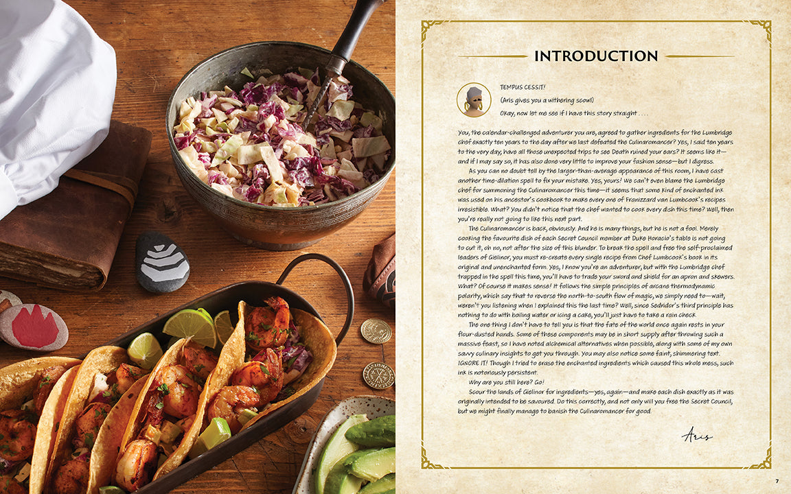 Dishes of food on a wooden table with a text overlay