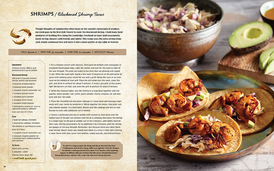 Shrimp tacos with a side of coleslaw on a plate, accompanied by an open recipe book.