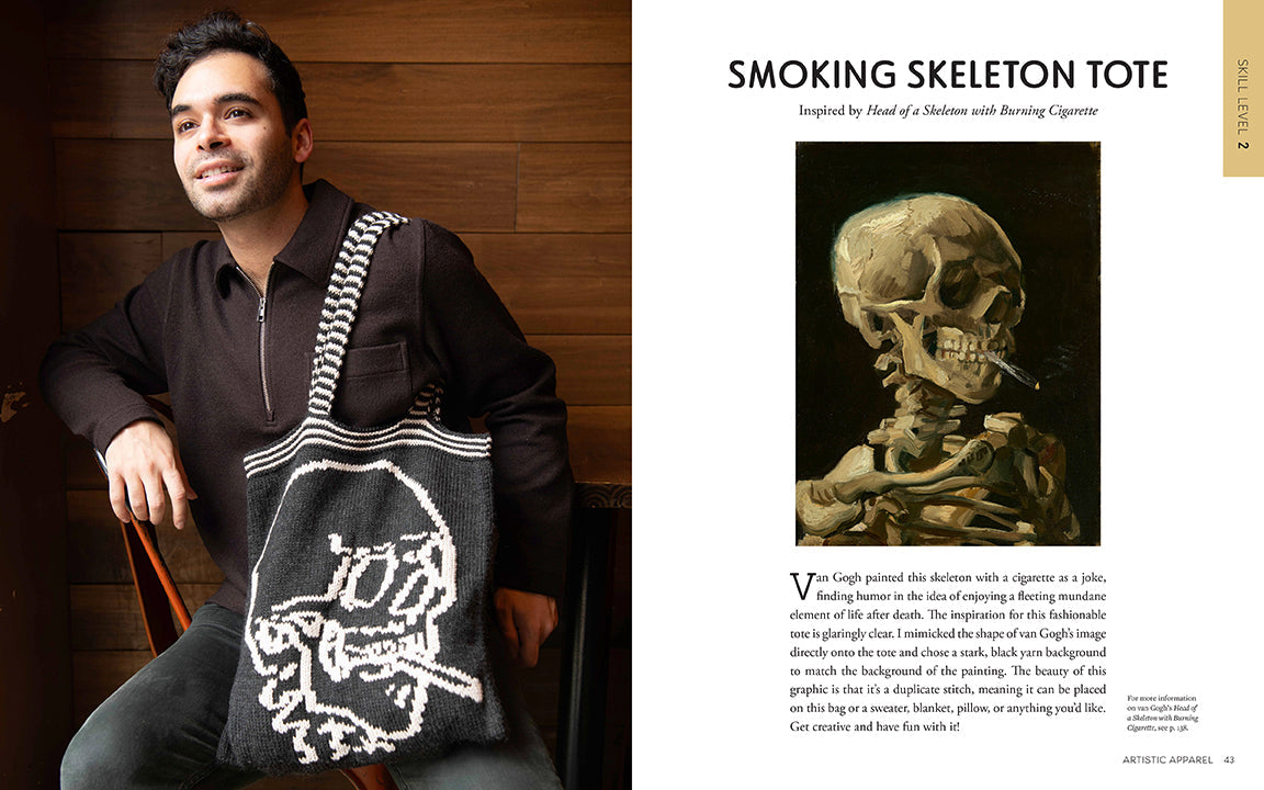 Person holding a tote bag with a skeleton design, next to an image of a smoking skeleton and text about the tote bag.