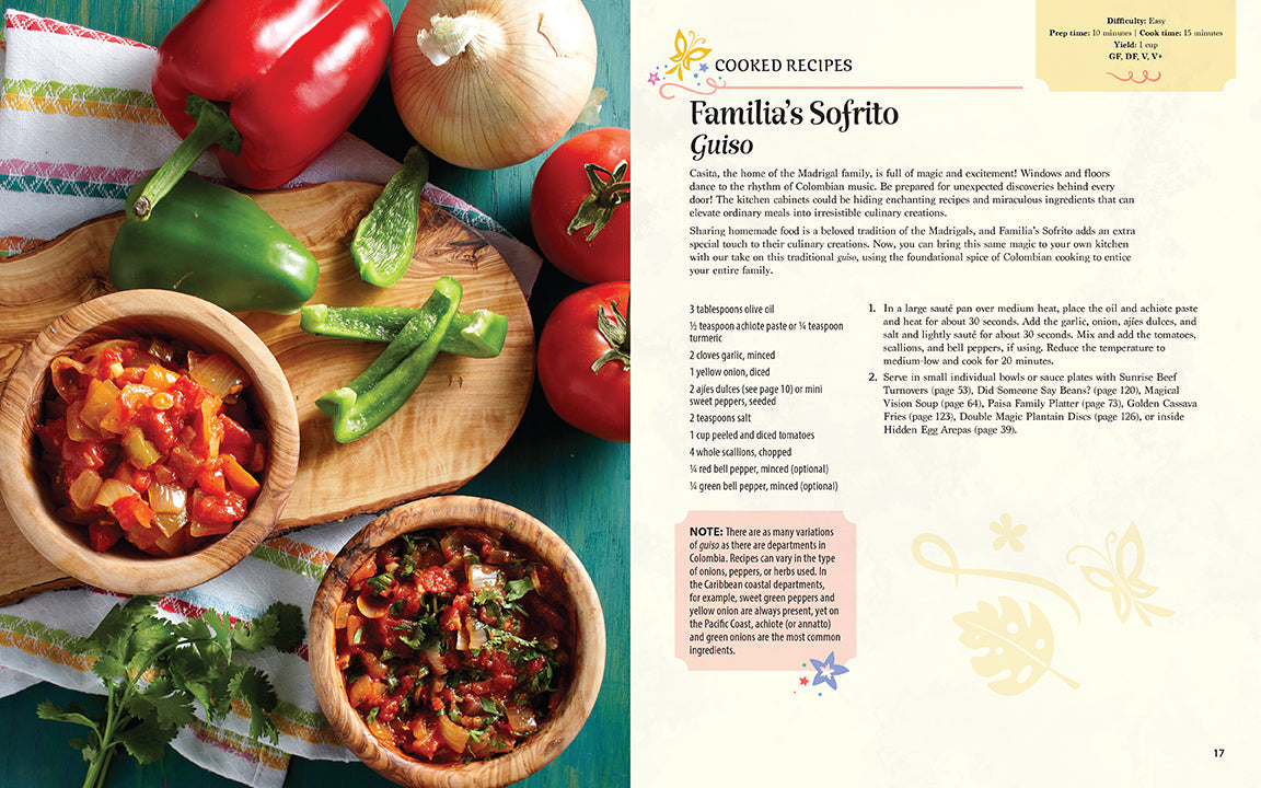 Cookbook page with Familaón's Sofrito Guiso recipe and ingredients including vegetables on a cutting board.