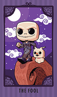 Cartoon skeleton and dog on a log with a purple background and 'The Fool' text