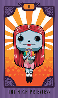 Cartoon character with red hair and black eyes on an orange and purple background with 'The High Priestess' text.