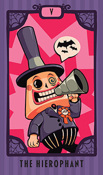Illustration of 'The Hierophant' card from a tarot deck with a character in a top hat and suit holding a megaphone on a pink and purple background.