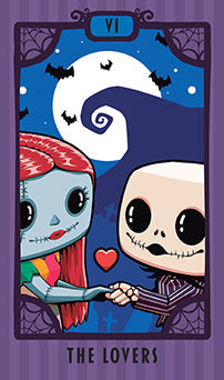 Cartoon characters holding hands with a heart and a purple border, labeled 'The Lovers'.