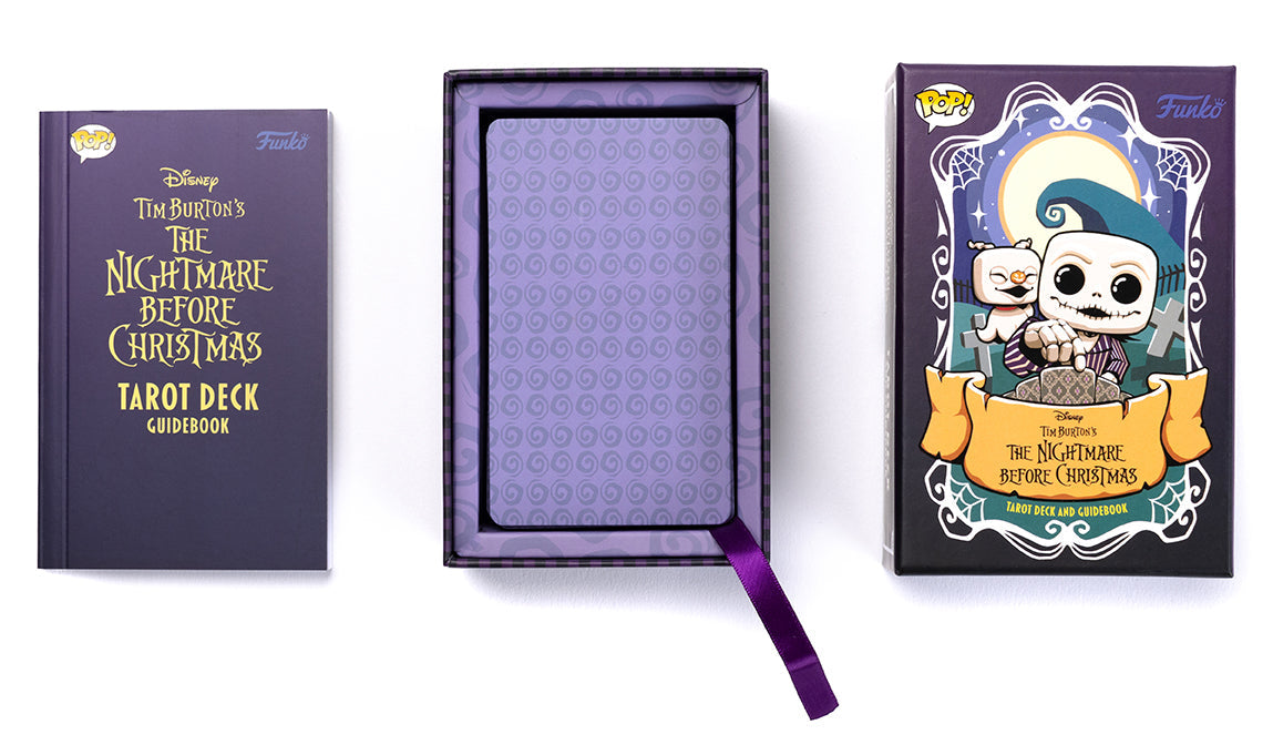 The Nightmare Before Christmas tarot deck packaging with guidebook and Pop! Funko figure on a white background