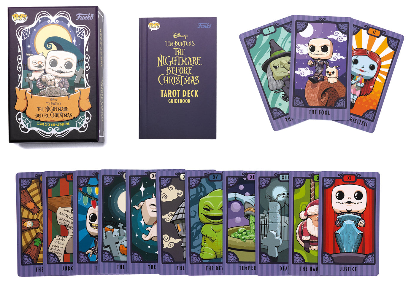 Collection of 'The Nightmare Before Christmas' tarot cards and guidebook with character illustrations.