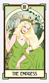 Tarot card featuring 'The Empress' with a woman in a green dress and floral crown.
