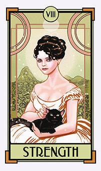 Tarot card featuring a woman holding a black cat with 'Strength' text and number 8 above.