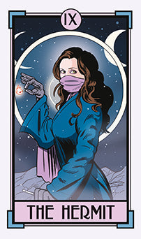 Tarot card featuring 'The Hermit' with a person in a blue robe and pink mask against a celestial background.