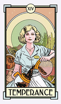 Tarot card featuring a woman labeled 'Temperance' with a desert landscape in the background.