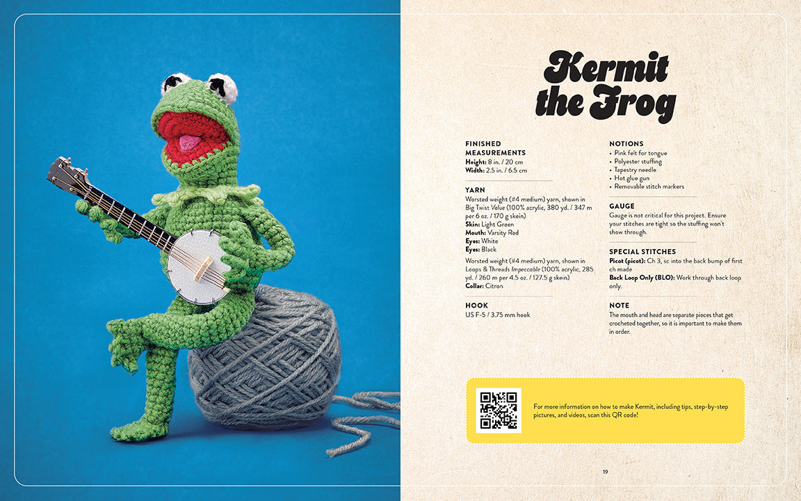 A two-page spread from the book featuring instructions for making a crochet Kermit the Frog.