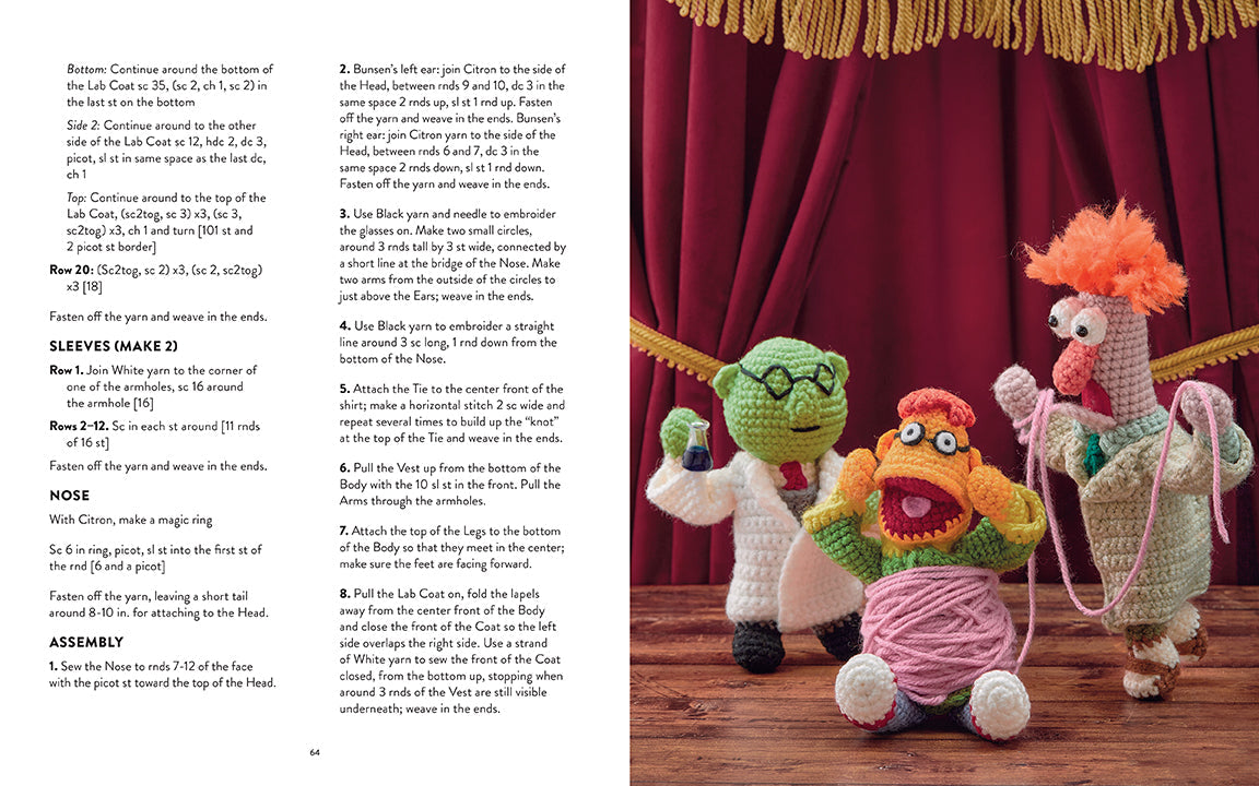 A two-page spread from the book featuring instructions for making crochet Muppets.