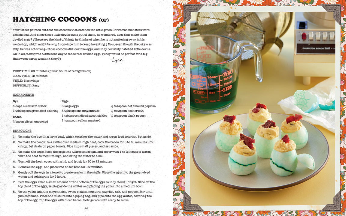 Recipe page with deviled eggs and kitchen items on a yellow surface
