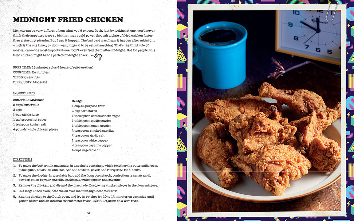Page from a cookbook featuring fried chicken and a blue mug.