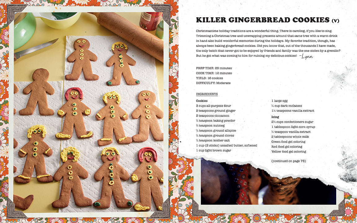 Gingerbread cookies on a baking sheet with a recipe card on the right side.