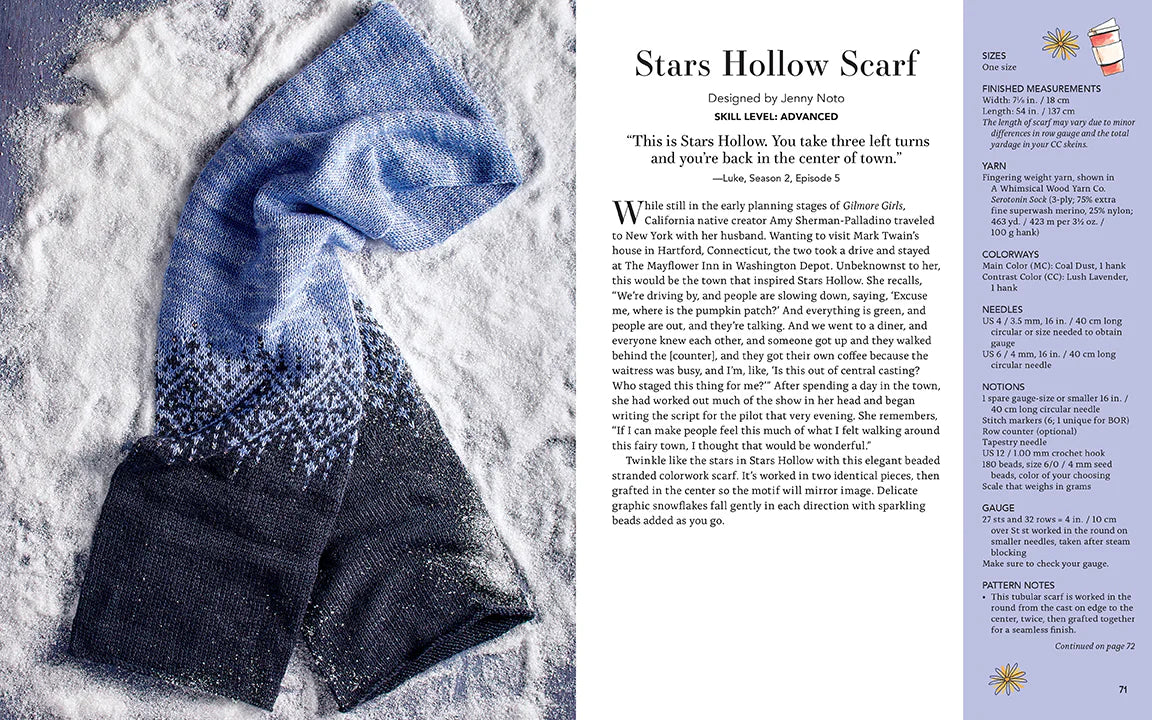 A two-page spread from the book. On the left is a blue and black scarf laying in a pile of powdery snow. On the right are instructions on how to knit the scarf.