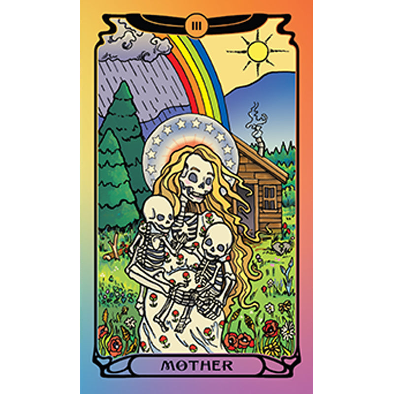 Skeletal family with rainbow and cabin on a colorful card labeled 'Mother'.