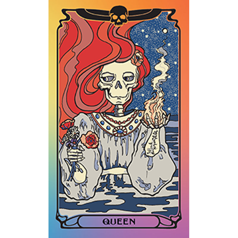 Cartoon skeleton with red hair and flowers, labeled 'Queen', on a colorful gradient background.