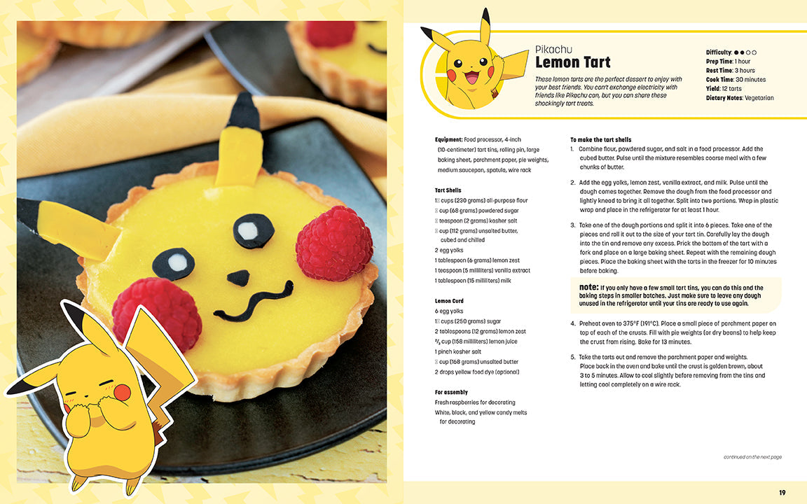 Lemon tart shaped like Pikachu from Pokémon with a recipe on the side.