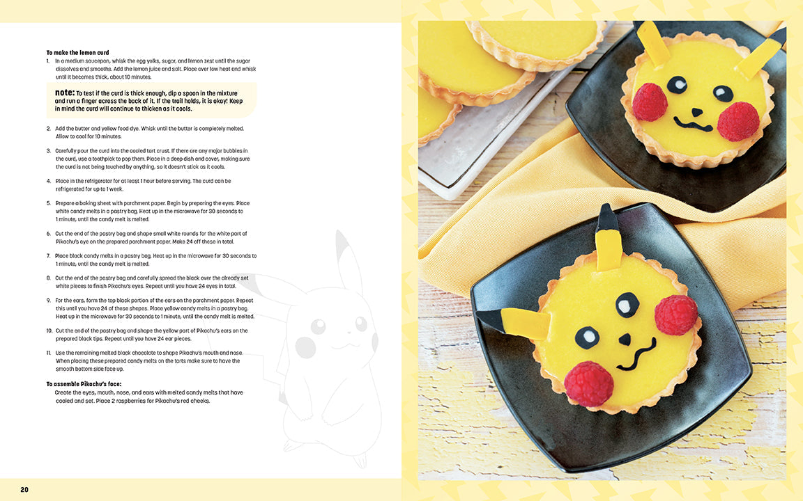 Illustration of Pikachu-themed cookies on a plate with text on a yellow background