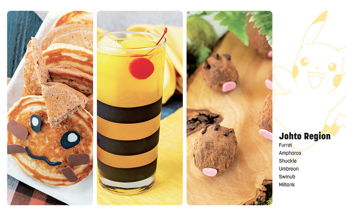 Three images showing food items with character designs, a drink with a red circle and black stripes, and a dessert with animal shapes. The text 'Johto Region' is visible.